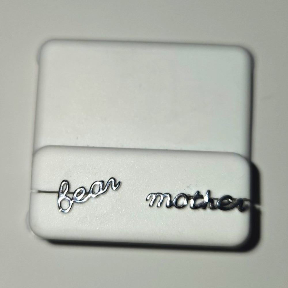 Bear Mother 925 Sterling Silver Script Word Stud Earrings Mom Jewelry